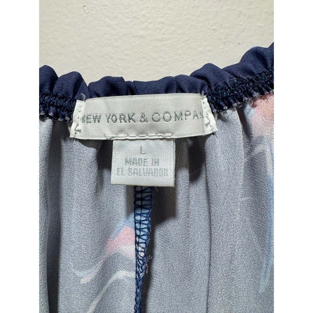 New York & Company Navy Blue Bird Print Off Shoulder Blouse Large Tie Neck Top - Picture 4 of 5